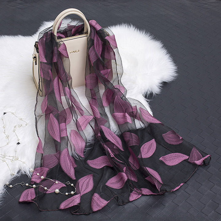 Trendy women's silk scarf with floral pattern and cut-out design – Fiora (1+1 FREE)-Purple leaves-State of Style