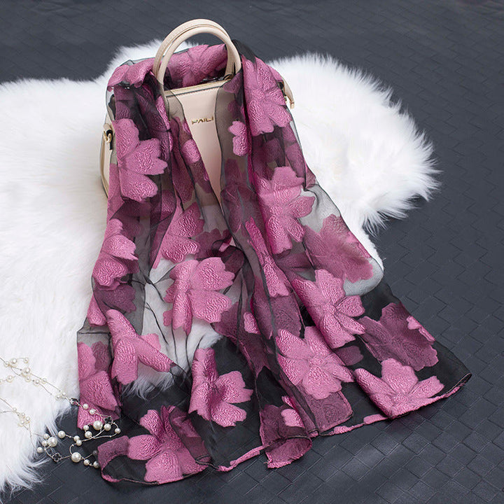 Trendy women's silk scarf with floral pattern and cut-out design – Fiora (1+1 FREE)-Purple-State of Style