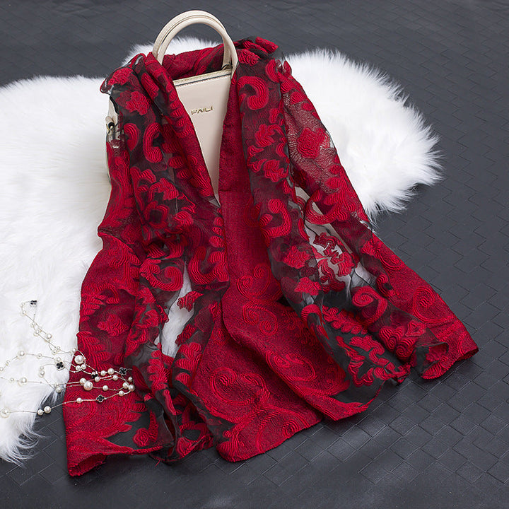 Trendy women's silk scarf with floral pattern and cut-out design – Fiora (1+1 FREE)-Red flower-State of Style