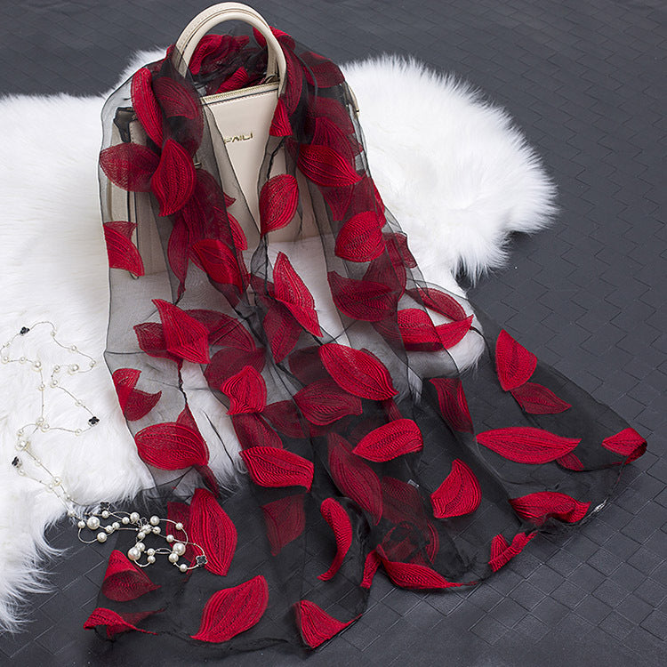 Trendy women's silk scarf with floral pattern and cut-out design – Fiora (1+1 FREE)-Red leaves-State of Style