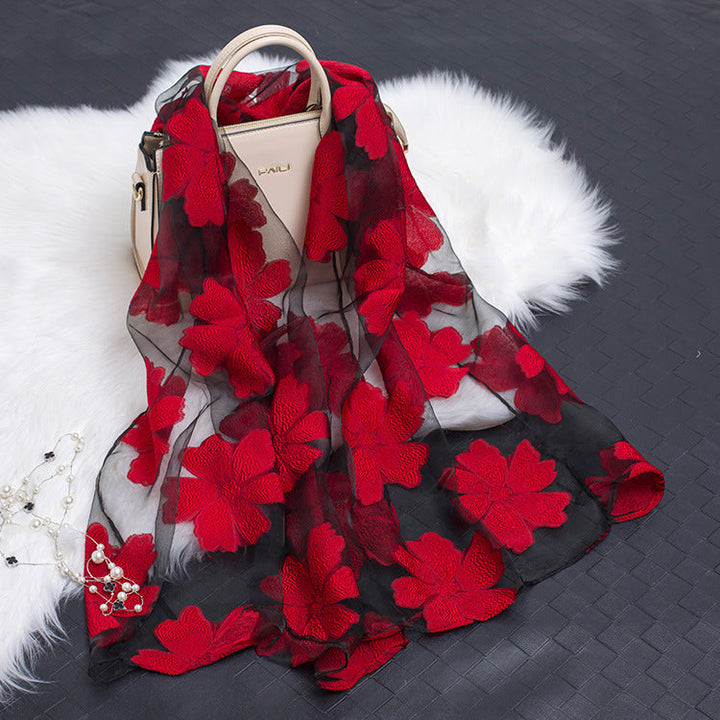 Trendy women's silk scarf with floral pattern and cut-out design – Fiora (1+1 FREE)-Red-State of Style