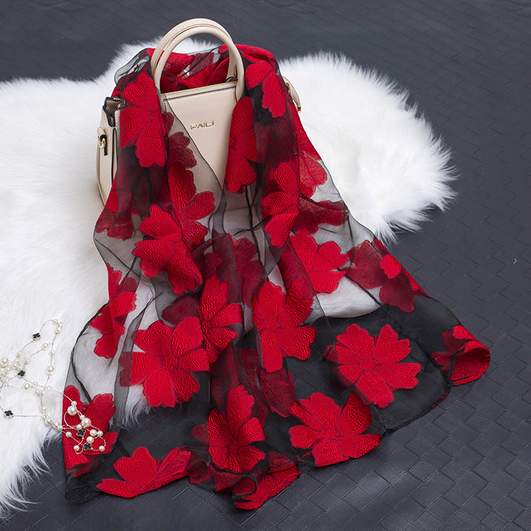 Trendy women's silk scarf with floral pattern and cut-out design – Fiora (1+1 FREE)-Red-State of Style