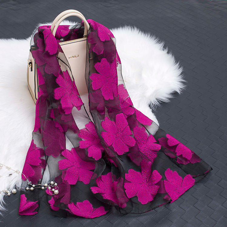Trendy women's silk scarf with floral pattern and cut-out design – Fiora (1+1 FREE)-Rose Red-State of Style