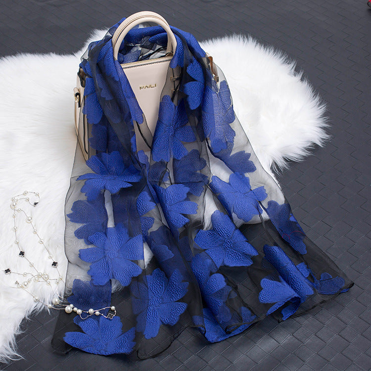 Trendy women's silk scarf with floral pattern and cut-out design – Fiora (1+1 FREE)-Royal blue-State of Style