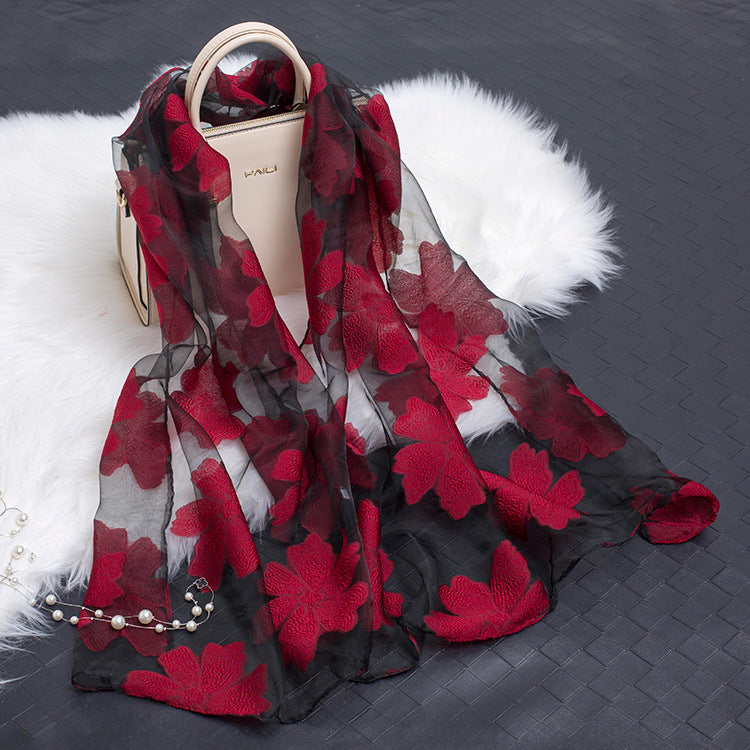 Trendy women's silk scarf with floral pattern and cut-out design – Fiora (1+1 FREE)-Wine red-State of Style