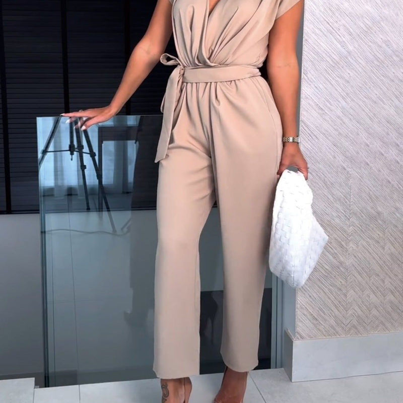 Trendy women's summer jumpsuit with short sleeves & waist emphasis – Alina-Beige-S-State of Style