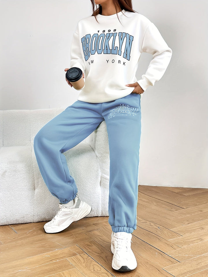 Two-piece Jogging Suit with Trendy Letter Print - Isabelle-Green-S-State of Style