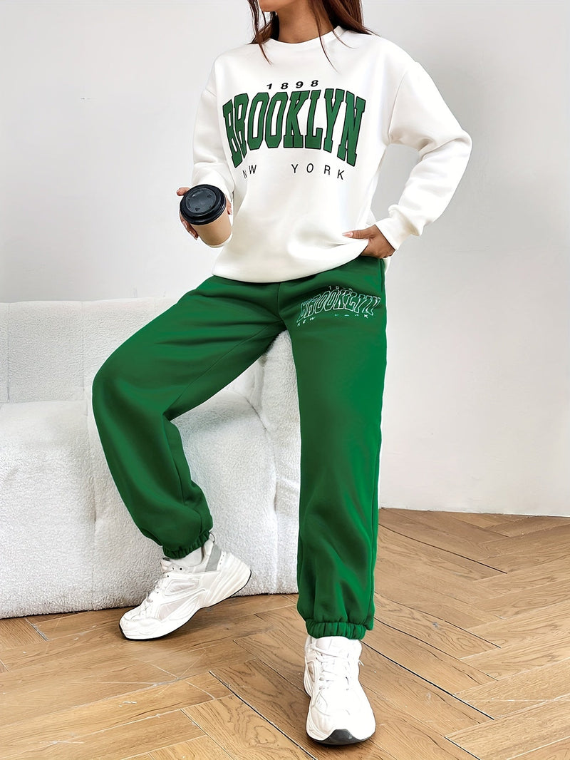 Two-piece Jogging Suit with Trendy Letter Print - Isabelle-Green-S-State of Style