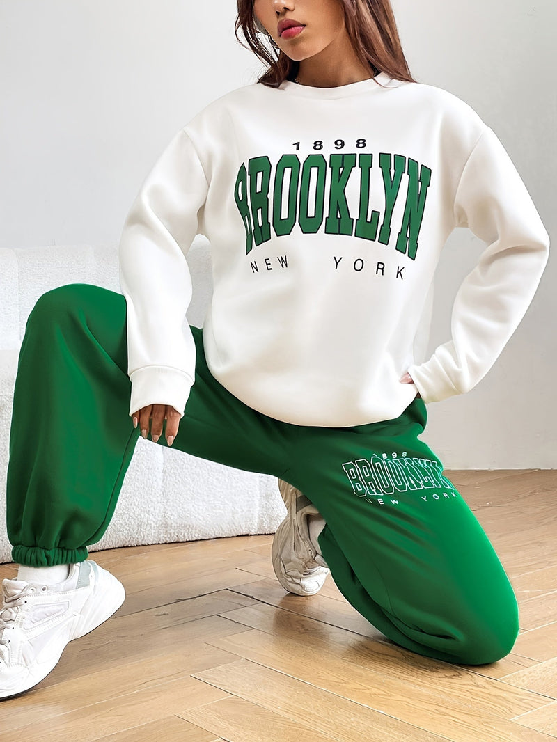 Two-piece Jogging Suit with Trendy Letter Print - Isabelle-Green-S-State of Style