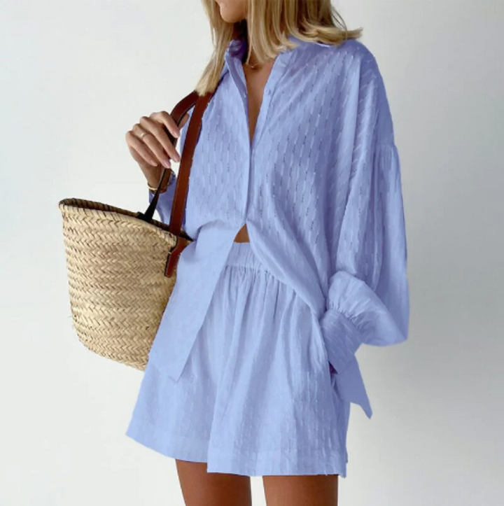 Two-Piece Ladies Summer Set with Lantern Sleeves – Nina-Blue-XS-State of Style