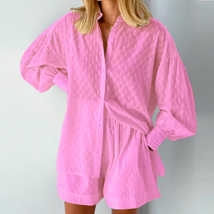 Two-Piece Ladies Summer Set with Lantern Sleeves – Nina-Pink-XS-State of Style