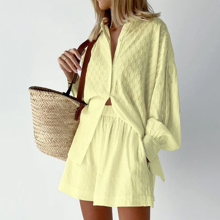 Two-Piece Ladies Summer Set with Lantern Sleeves – Nina-Yellow-XS-State of Style
