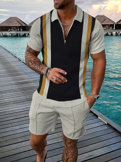Two-piece Men's Summer Set with Polo and Shorts – Damon-Black/Beige-S-State of Style