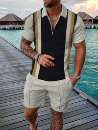 Two-piece Men's Summer Set with Polo and Shorts – Damon-Black/Beige-S-State of Style
