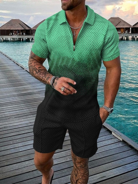 Two-piece Men's Summer Set with Polo and Shorts – Damon-Black/Green-S-State of Style