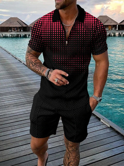 Two-piece Men's Summer Set with Polo and Shorts – Damon-Black/Red-S-State of Style