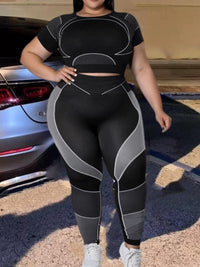Two-Piece Patchwork Set – Plus-Size Leggings & Crop Top-Blue-2XL-State of Style