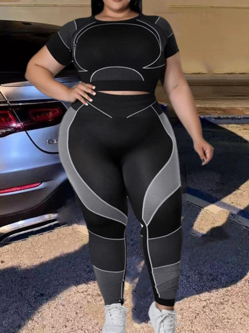 Two-Piece Patchwork Set – Plus-Size Leggings & Crop Top-Blue-2XL-State of Style