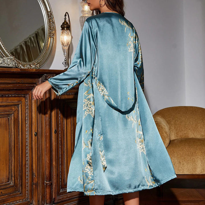 Two-Piece Satin Nightwear Set for Women with Slip Dress & Kimono – Salena-Blue-S-State of Style