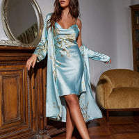 Two-Piece Satin Nightwear Set for Women with Slip Dress & Kimono – Salena-Blue-S-State of Style