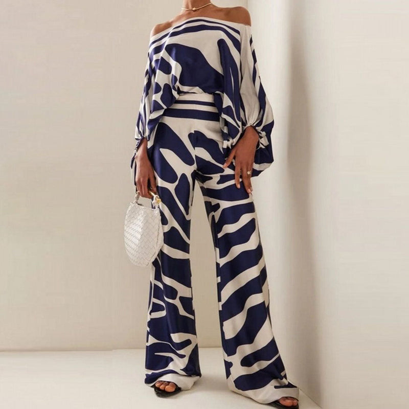 Two-Piece Satin Set with Pattern – Selena-Blue-S-State of Style