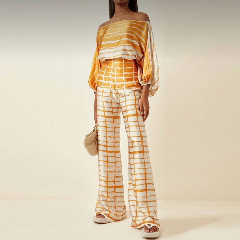 Two-Piece Satin Set with Pattern – Selena-Yellow-S-State of Style