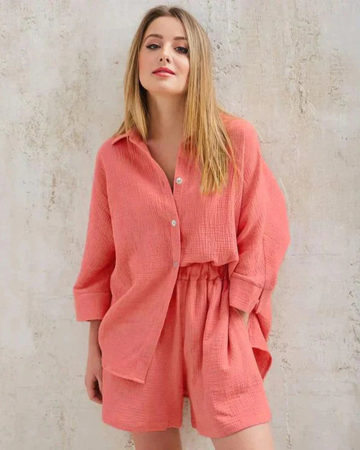 Two-piece summer combo with structure for women – Tabea-Orange-S-State of Style