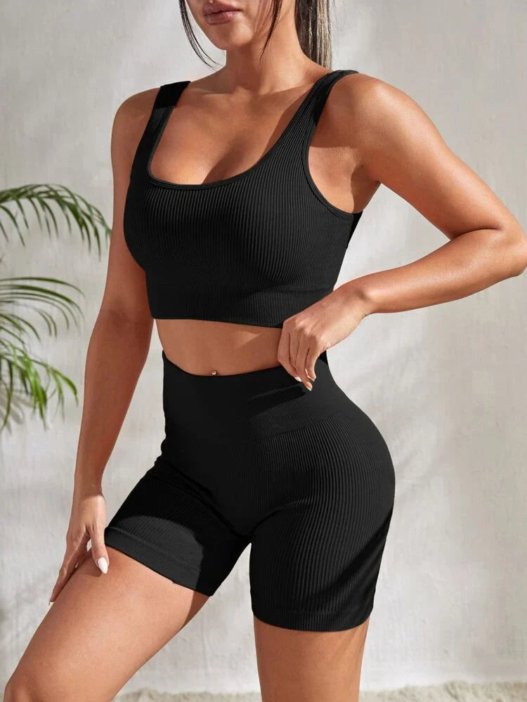 Two-piece women's fitness set with shorts & sports top – Sienna-Black-S-State of Style