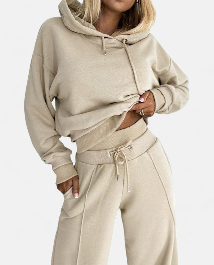Two-Tone Hoodie Set with Wide Legs - Isabelle-Beige-S-State of Style