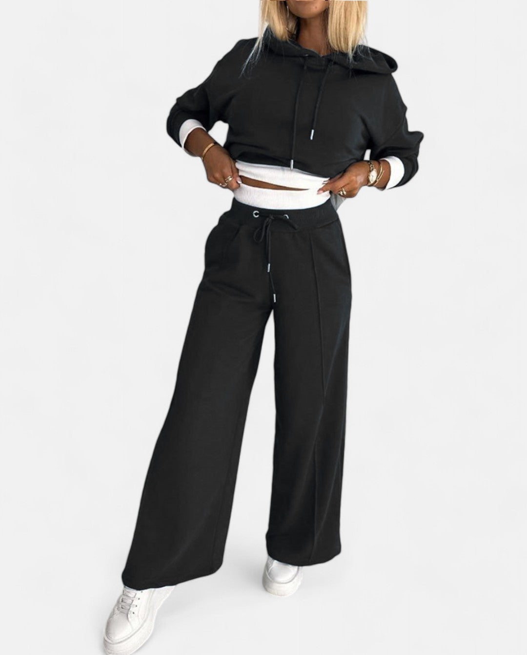 Two-Tone Hoodie Set with Wide Legs - Isabelle-Black-S-State of Style