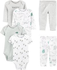 Unisex Baby 6-Piece Clothing Set-Grey Heather/White Animal Print/Avocados/Stripe/Text Print-0-3 months-State of Style