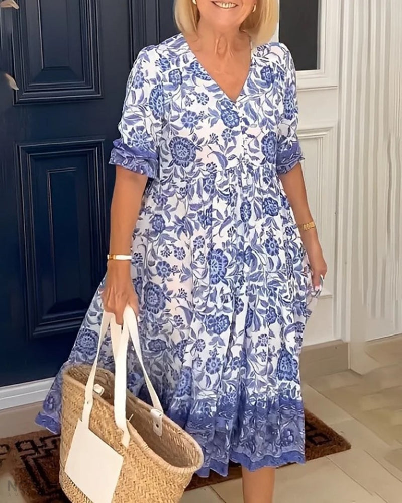 V-Neck Floral Dress – Soléna-Blue-S-State of Style