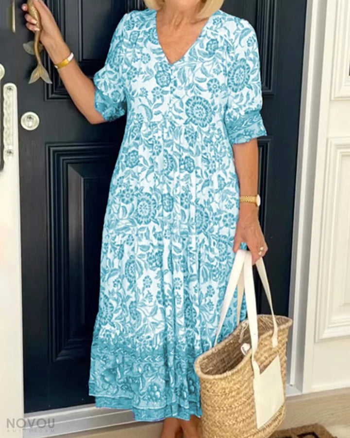 V-Neck Floral Dress – Soléna-Light blue-S-State of Style