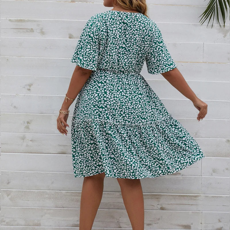 V-Neck Floral Print Plus Size Summer Dress-Black-2XL-State of Style