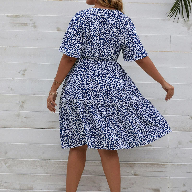 V-Neck Floral Print Plus Size Summer Dress-Black-2XL-State of Style
