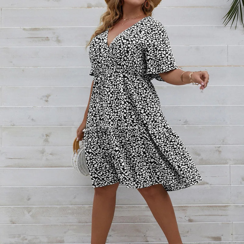 V-Neck Floral Print Plus Size Summer Dress-Black-2XL-State of Style