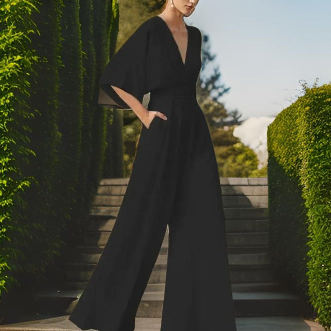 V-neck Jumpsuit with Three-Quarter Sleeves - Aurora Chic-Black-S-State of Style