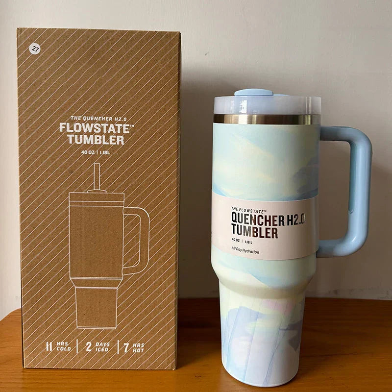 Vacuum Insulated Cup with Lid and Straw - ThermoTumbler-Blue Whirling-State of Style