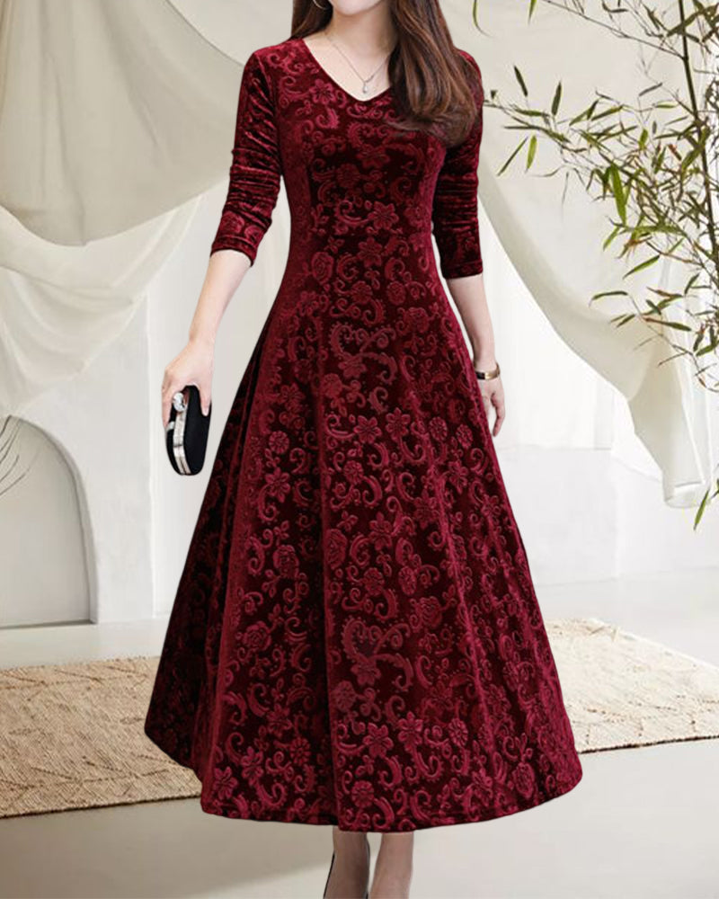 Velvet Midi Dress with Long Sleeves - Selina-Wine Red-M-State of Style