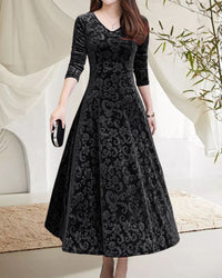 Velvet Midi Dress with Long Sleeves - Selina-Wine Red-M-State of Style
