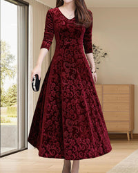 Velvet Midi Dress with Long Sleeves - Selina-Wine Red-M-State of Style