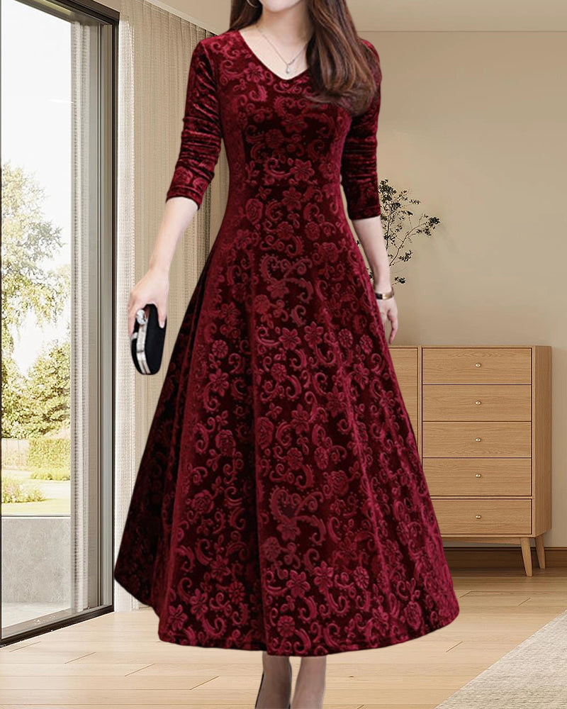 Velvet Midi Dress with Long Sleeves - Selina-Wine Red-M-State of Style