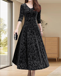 Velvet Midi Dress with Long Sleeves - Selina-Wine Red-M-State of Style