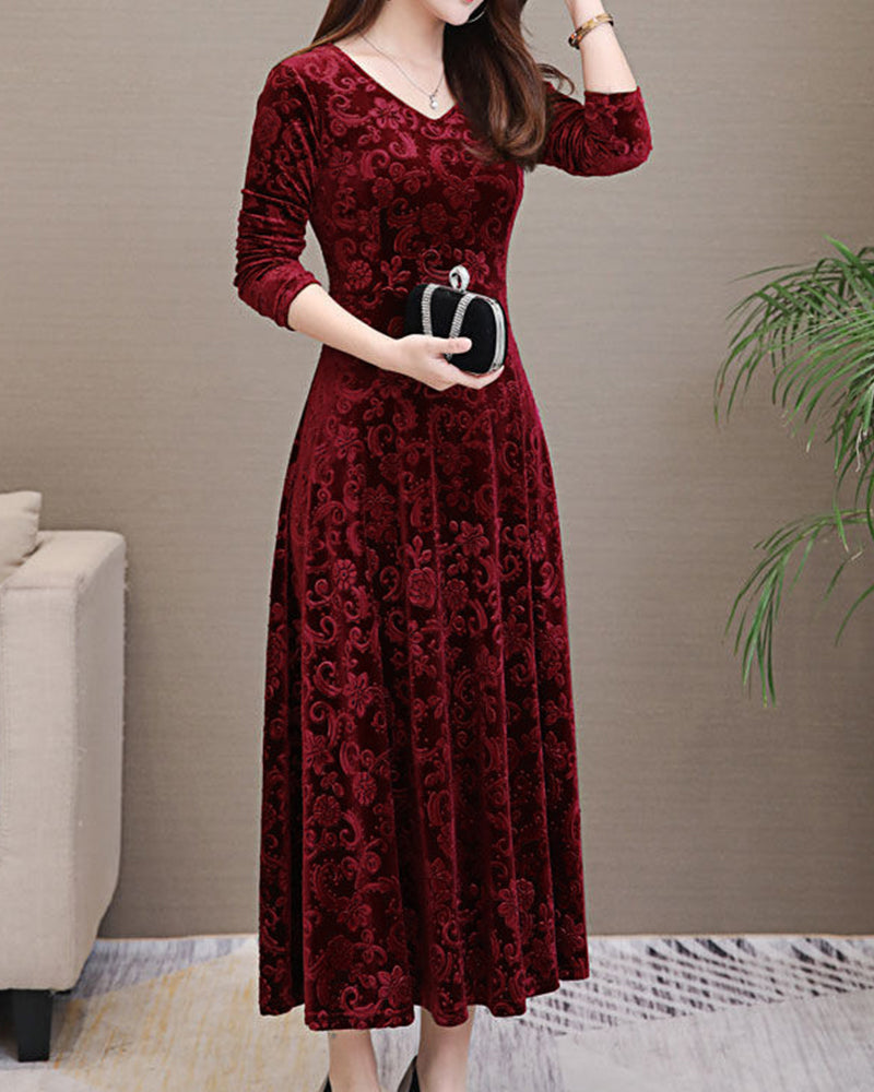 Velvet Midi Dress with Long Sleeves - Selina-Wine Red-M-State of Style