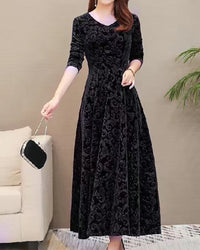 Velvet Midi Dress with Long Sleeves - Selina-Wine Red-M-State of Style