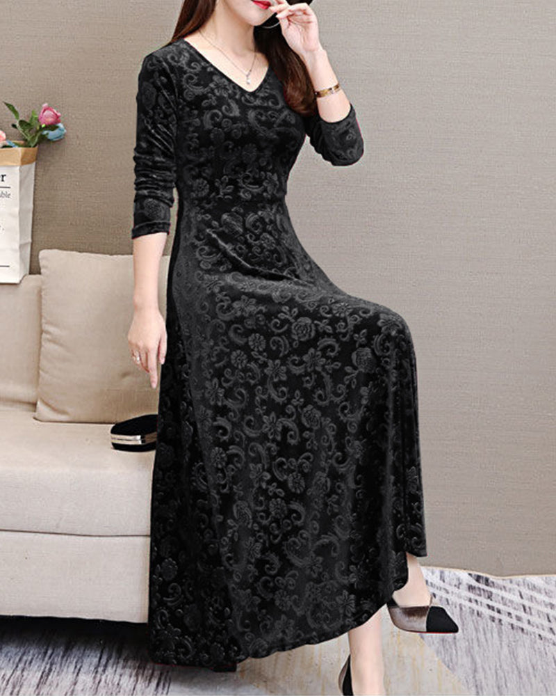 Velvet Midi Dress with Long Sleeves - Selina-Wine Red-M-State of Style