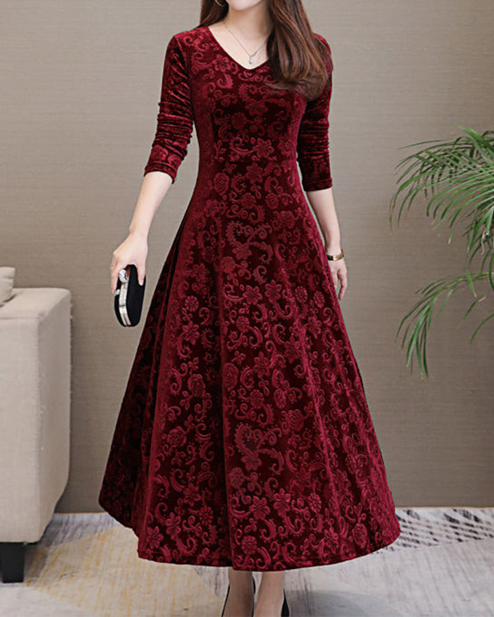 Velvet Midi Dress with Long Sleeves - Selina-Wine Red-M-State of Style