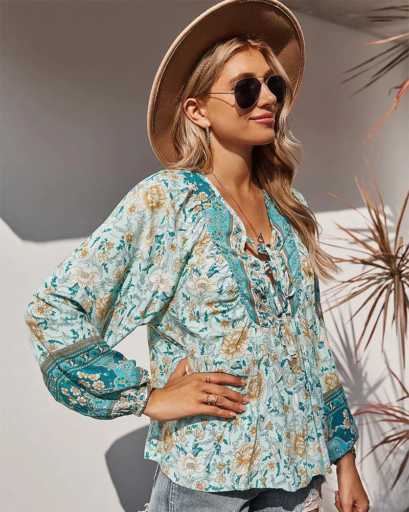 Vintage Boho summer blouse with floral print and long sleeves – Sana-Green-S-State of Style