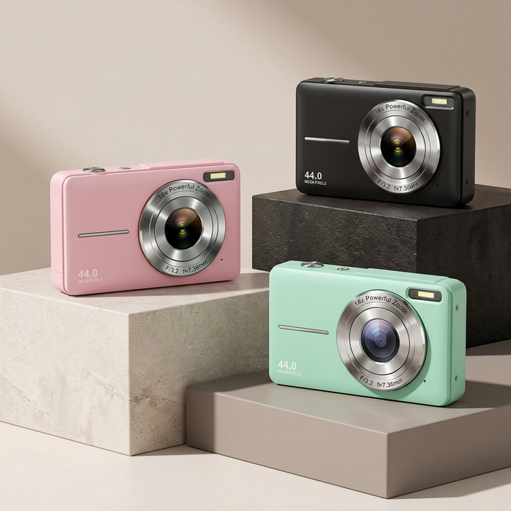Pink, black and mint green compact cameras displayed on stone and concrete blocks against a beige backdrop 1