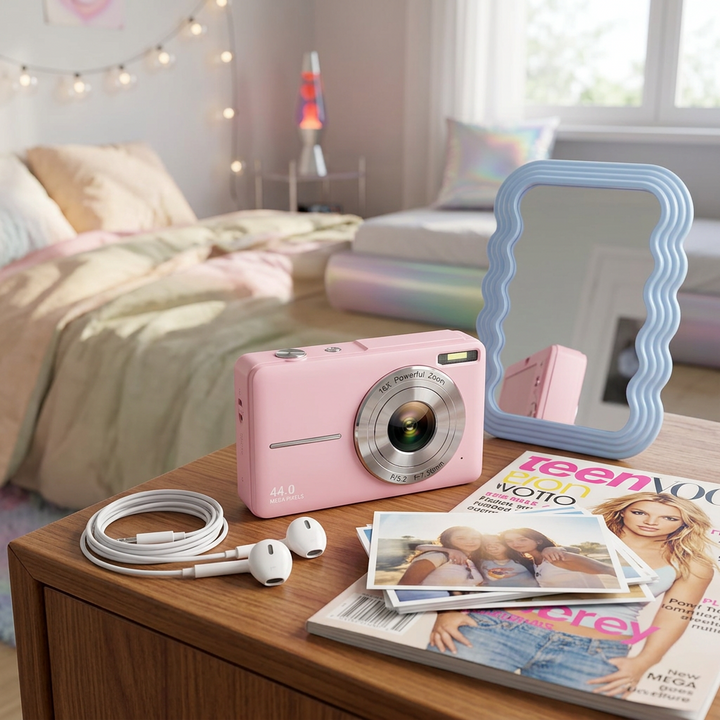Pink compact camera on a wooden bedside table beside earphones, printed photos, a wavy blue mirror and a magazine 1
